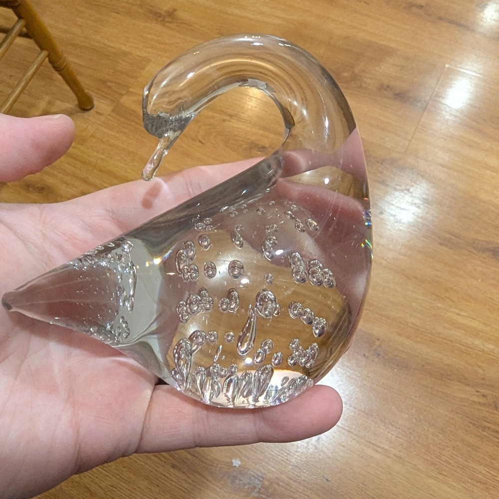 Swan Figurine Art Glass Small Clear Controlled Bullicante Bubble Paperweight MCM